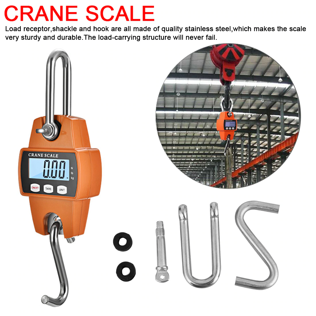 Hanging Scale 300kg 0.1 kg features a die-cast aluminum casing and rechargeable battery. It comes standard with an infra-red remote control 